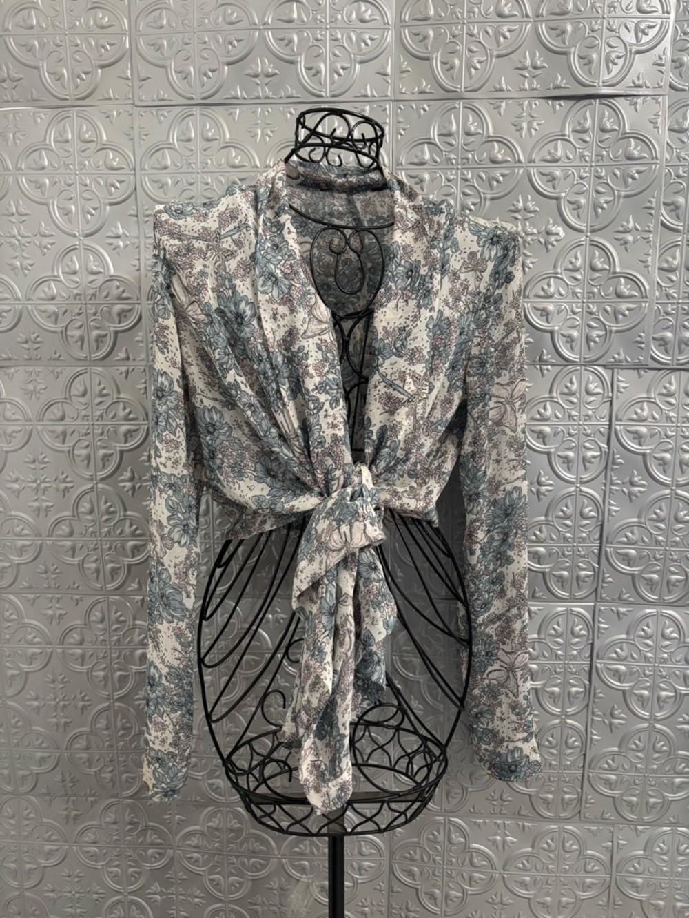 Vintage 90s hippy boho tie sheer bell flutter long sleeves crop blouse top